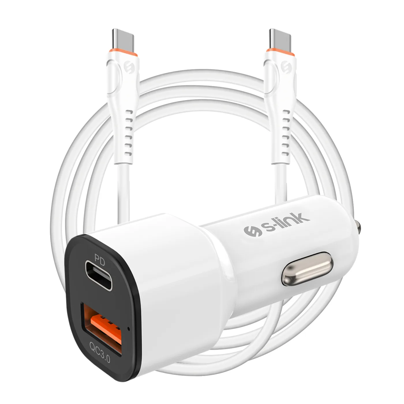 S-Link SL-EC38PD Typec TO Typec Kablolu 38W PD + USB QC3.0 Beyaz Araç Şarj Cihazı