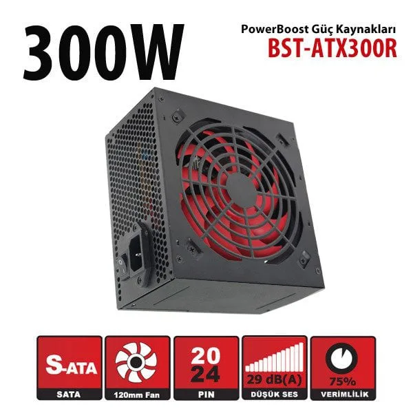 Powerboost BST-ATX300R 300W 12CM Kırmızı Fan ATX Power Supply Güç Kaynagi
