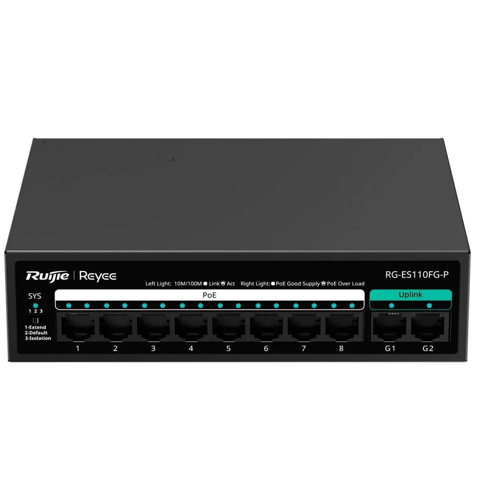 Ruijie Reyee RG-ES110FG-P 8 Port FE POE 110W 2 Port Gigabit Yönetilemez Switch