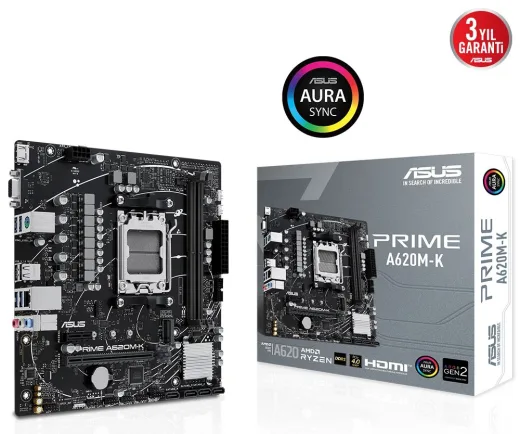 ASUS Prime A620M-K AM5 DDR5 Ses GLAN HDMI/VGA SATA3 USB3.2 MATX Anakart