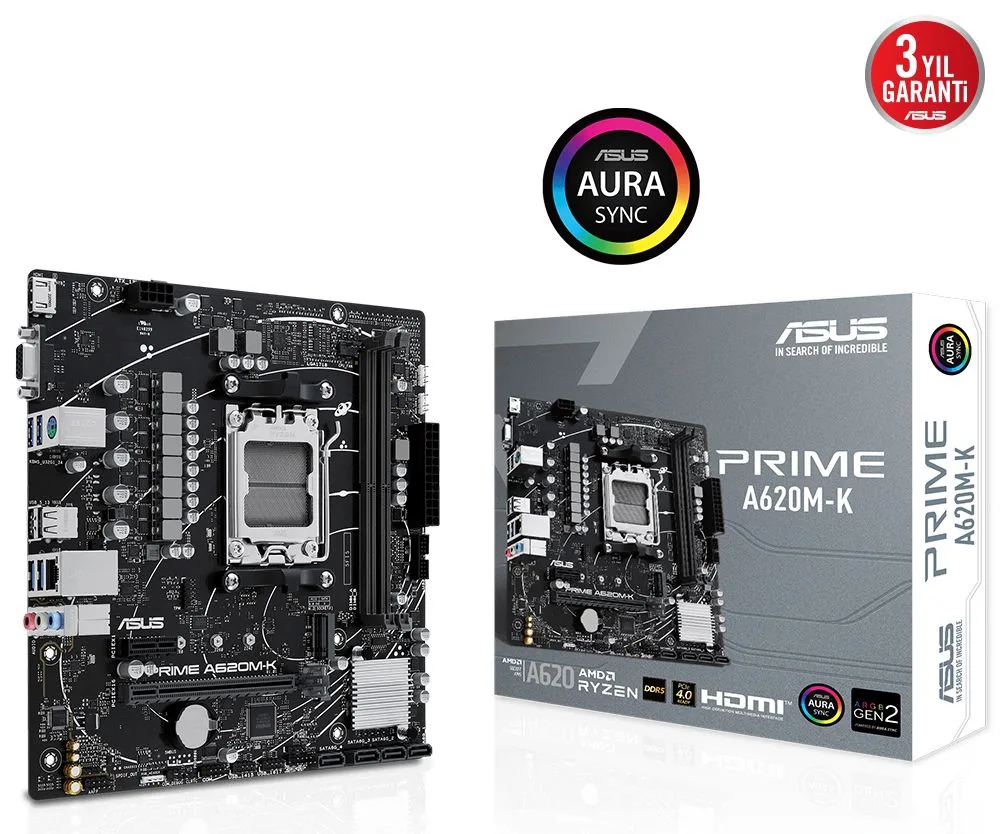ASUS Prime A620M-K AM5 DDR5 Ses GLAN HDMI/VGA SATA3 USB3.2 MATX Anakart