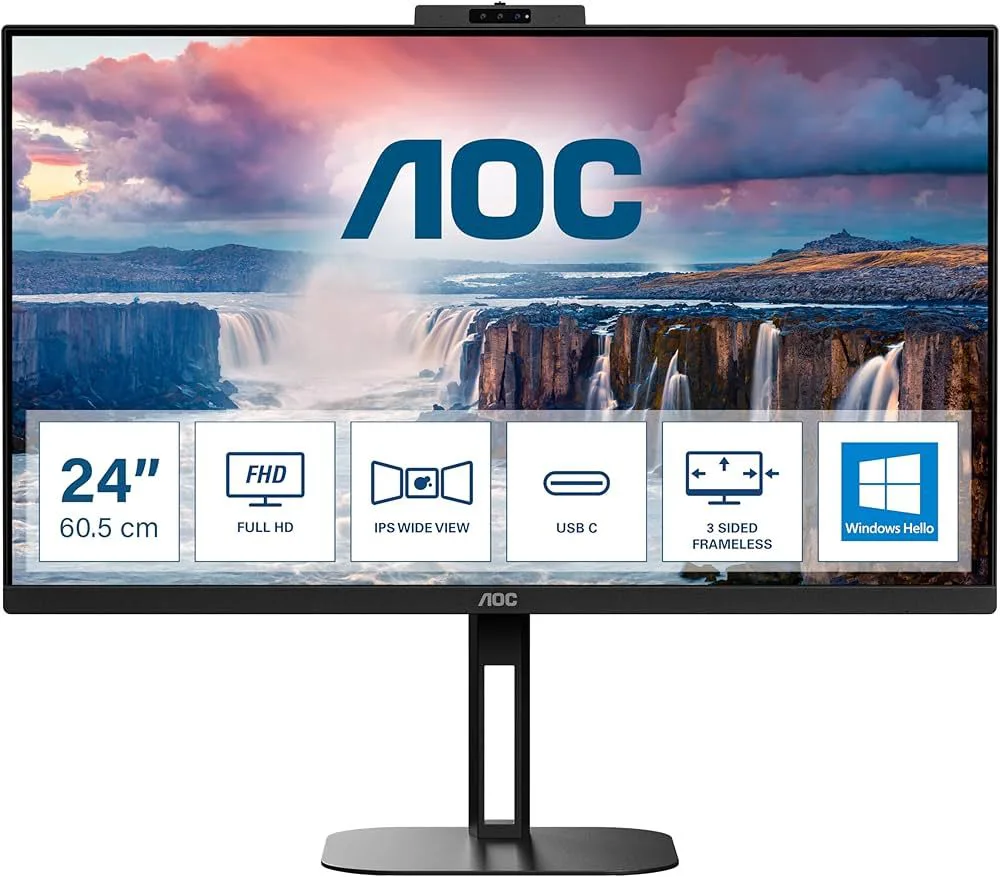 AOC 24V5CW/BK 23.8 inç FHD IPS 1MS 75HZ 1XHDMI 1XDP 2X5W Webcam USB-C Hoparlör Pivot