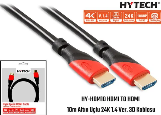 Hytech HY-HDM10 10M V1.4 HDMI TO HDMI Altın Uçlu 24K 3D Kablosu
